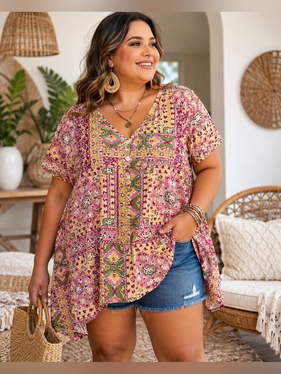 Avenue Tops - AVENUE Floral Patchwork Tunic Top EUC